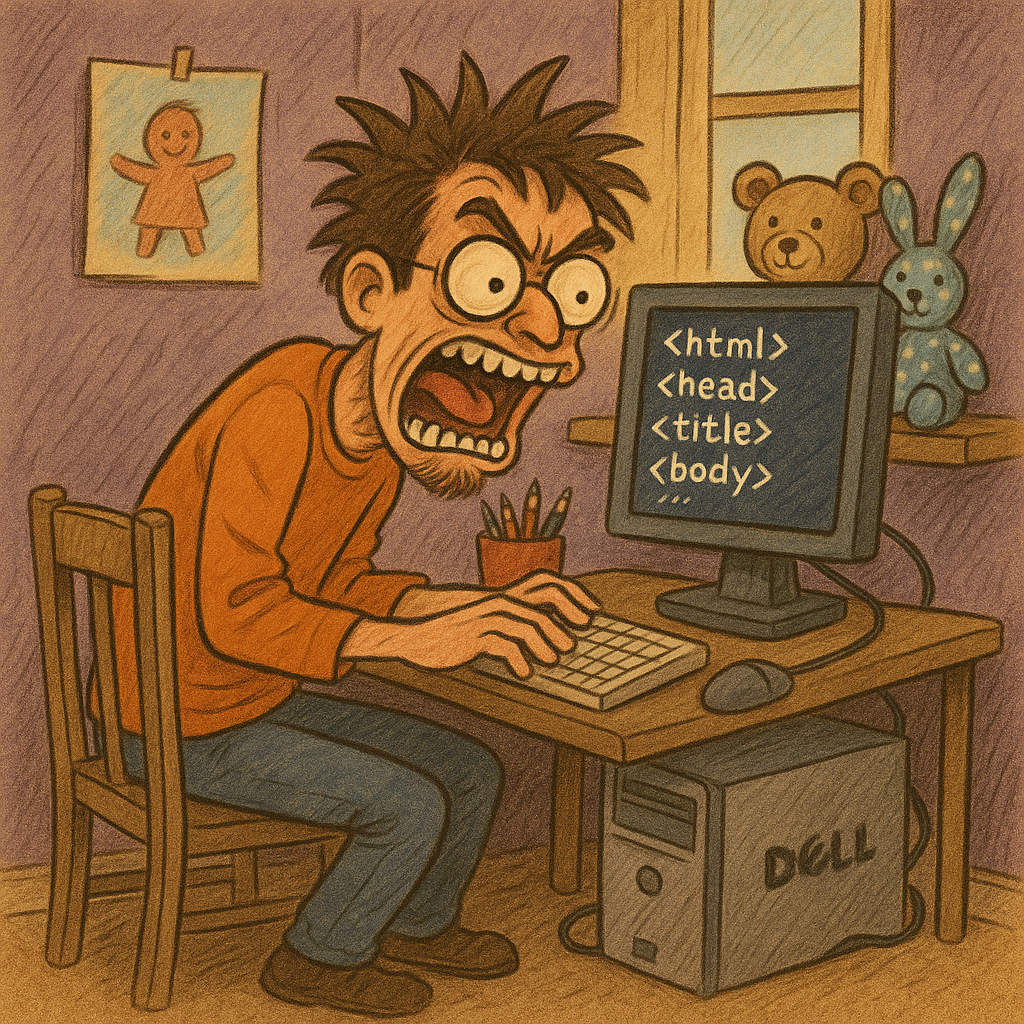 AI generated cartoon of crazy guy at keyboard